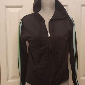 LAMocers Women's Black Zip Up  Hoodie with Green And Blue Stripes Sz S